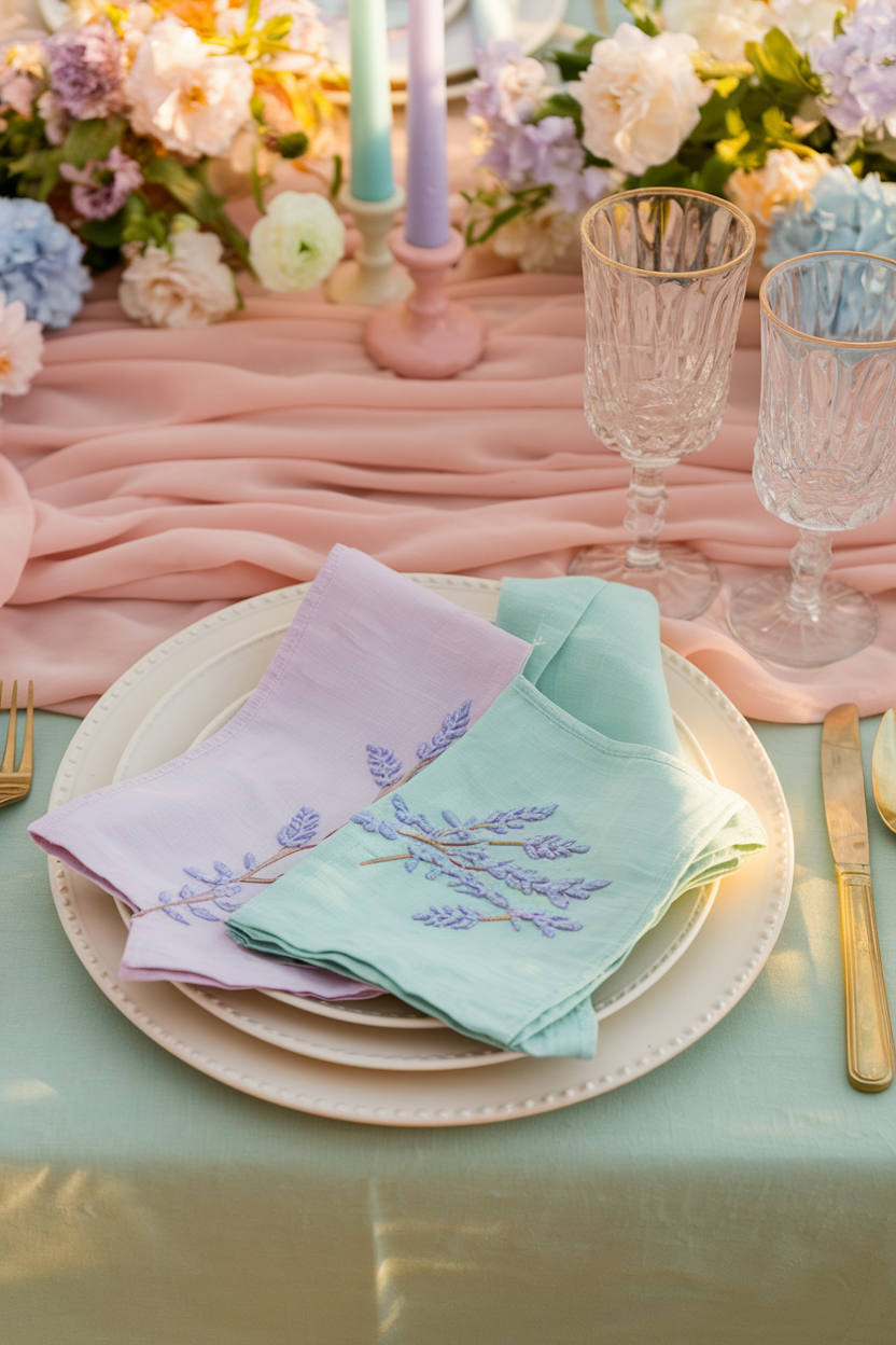 A beautifully set spring table featuring pastel lavender and mint green embroidered napkins on stacked white plates, surrounded by soft draped fabric, floral arrangements, and delicate glassware.