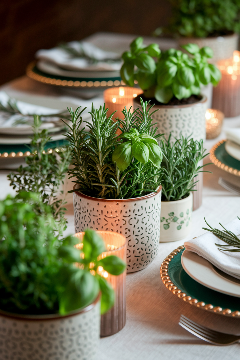 A beautifully arranged dining table featuring potted herbs like basil and rosemary in decorative ceramic pots, complemented by soft candlelight and elegant tableware with gold accents.