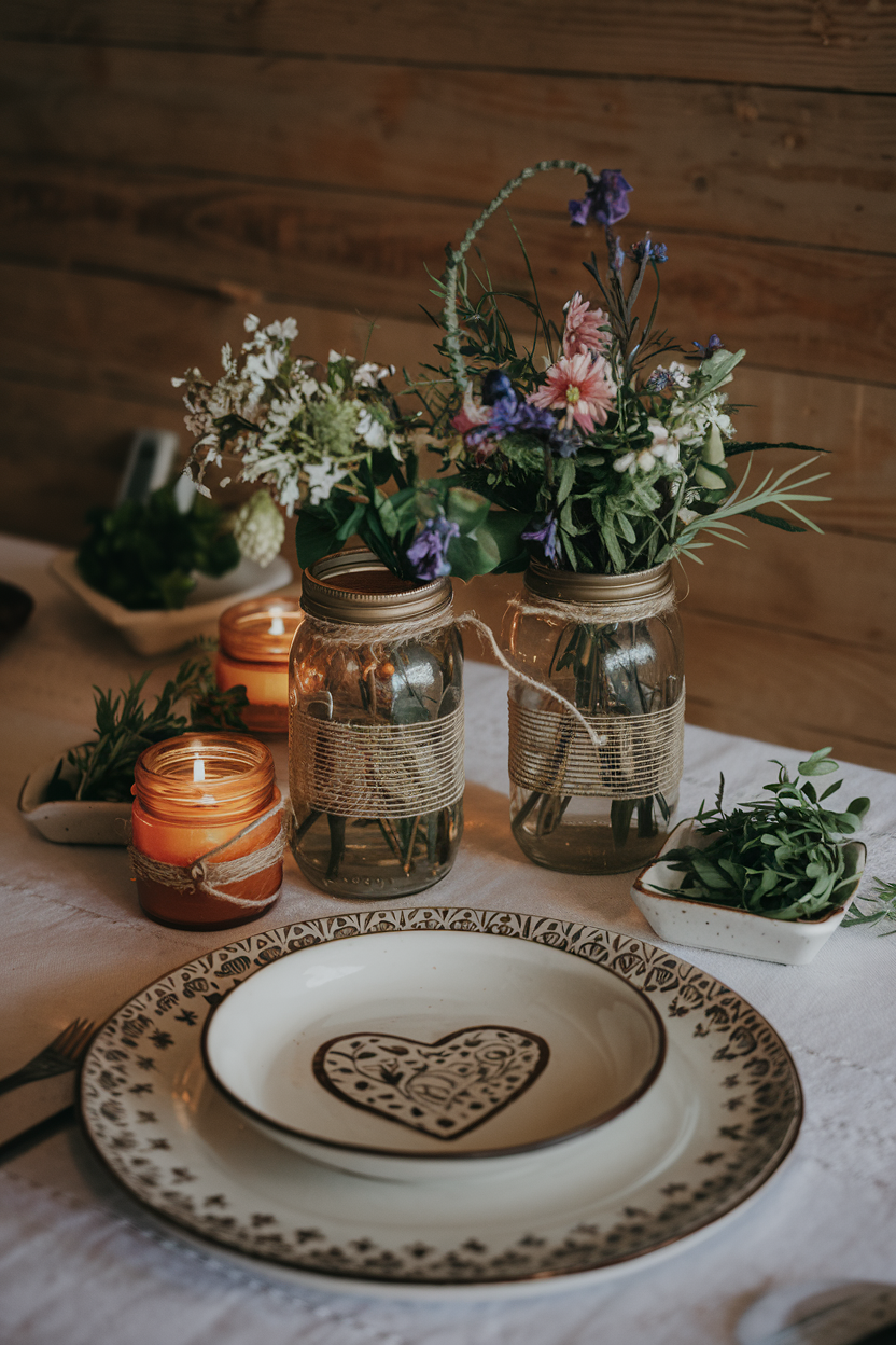 Alt Text: A cozy rustic table setting featuring mason jars wrapped in twine, filled with wildflowers, alongside lit candles and vintage-patterned plates on a white linen tablecloth.