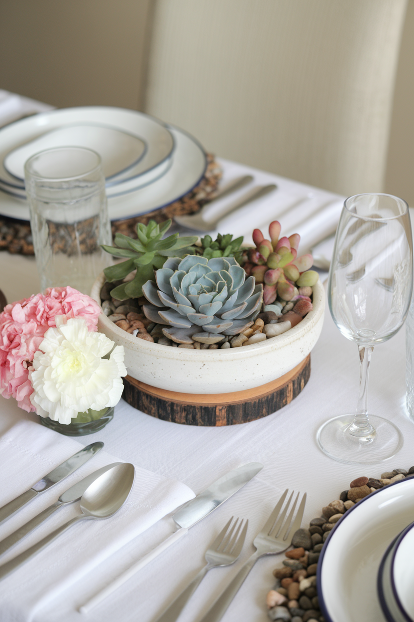 A beautifully arranged succulent centerpiece in a ceramic bowl filled with pebbles, placed on a rustic wooden base, complementing a sophisticated table setting with white linens, stone-accented chargers, and delicate floral touches.
