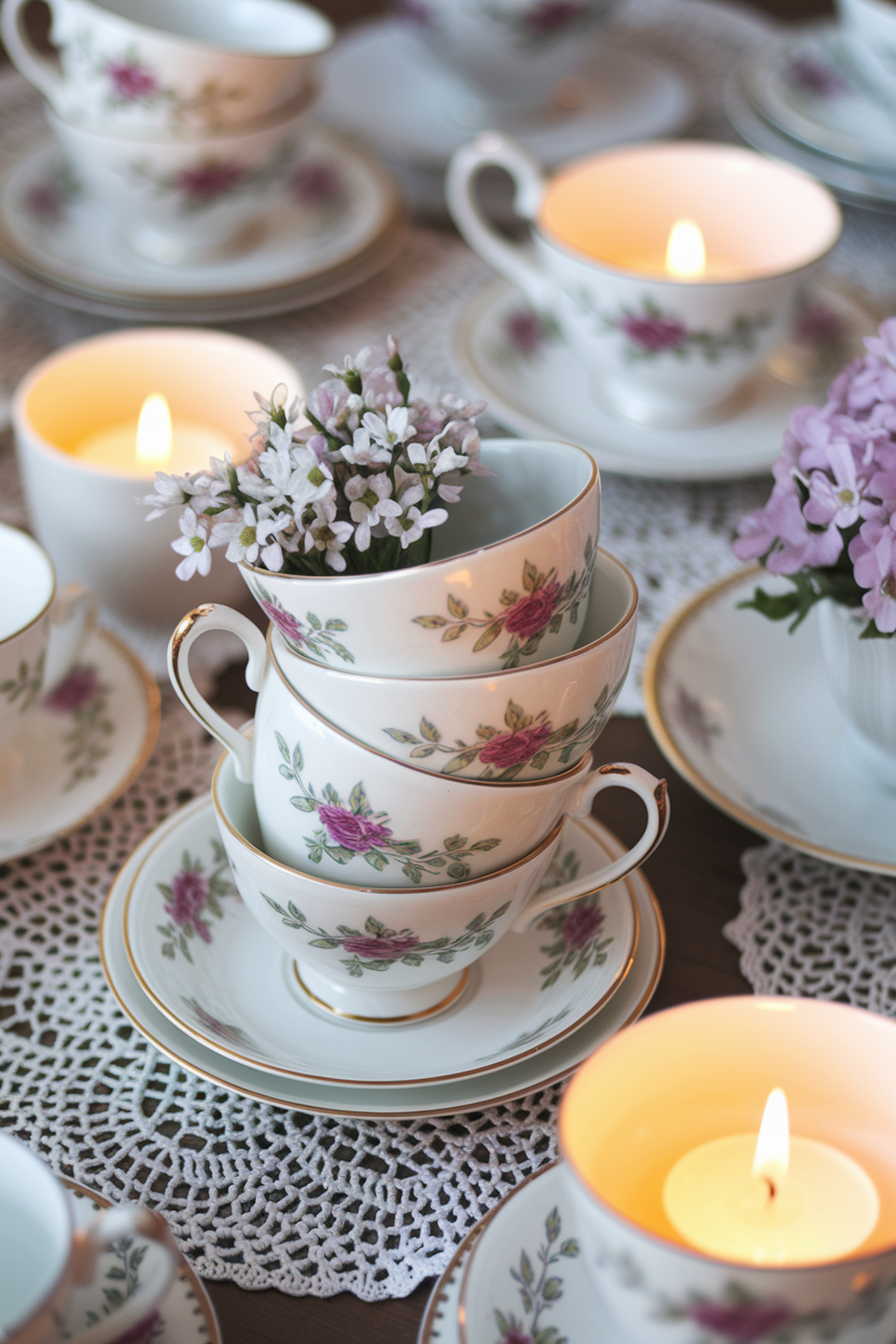 A charming arrangement of vintage floral teacups stacked gracefully, adorned with delicate flowers, and accompanied by glowing candles on a lace tablecloth, creating a warm and nostalgic ambiance.