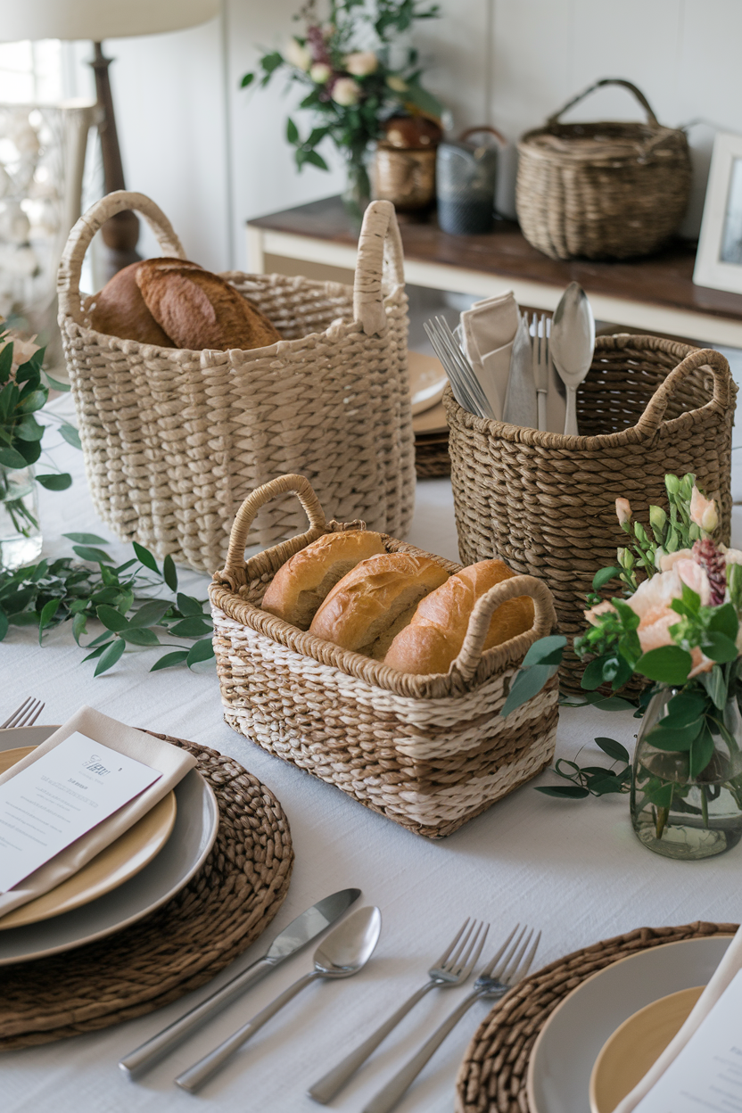 Title: Rustic Woven Basket Table Setting A cozy and elegant table setting featuring woven baskets filled with fresh bread and cutlery, complemented by neutral-toned tableware, woven placemats, and lush greenery for a warm, farmhouse-inspired ambiance. 