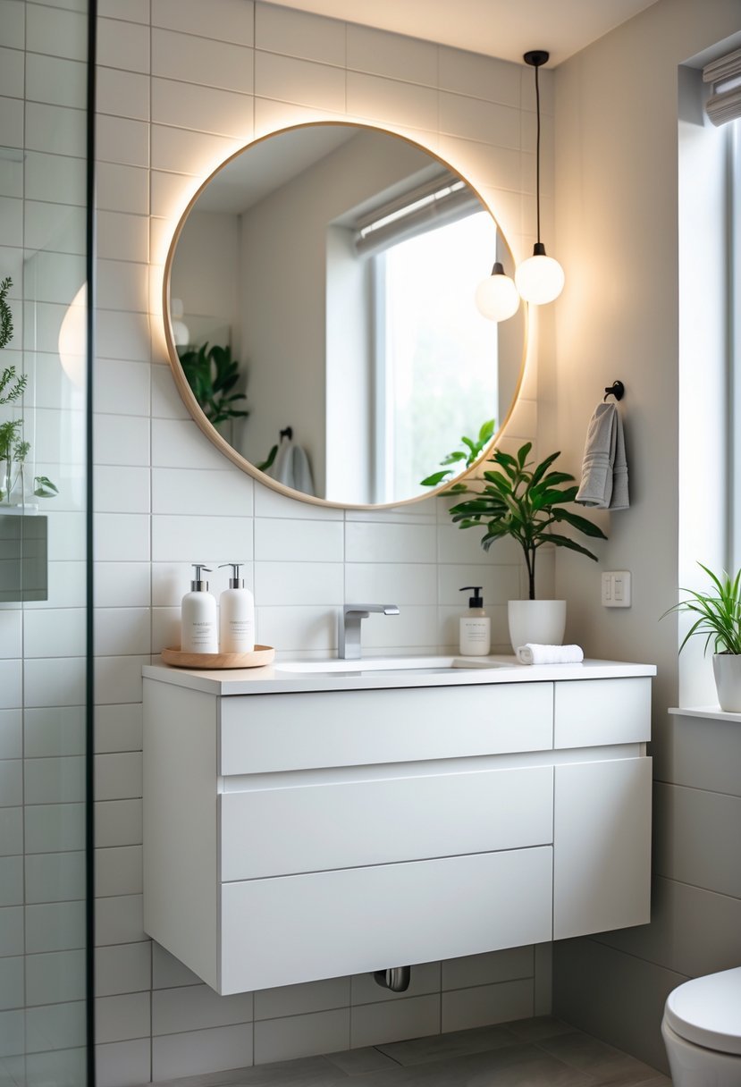 A modern bathroom with a floating white wall-mounted vanity, a round mirror, and green plants on the countertop.