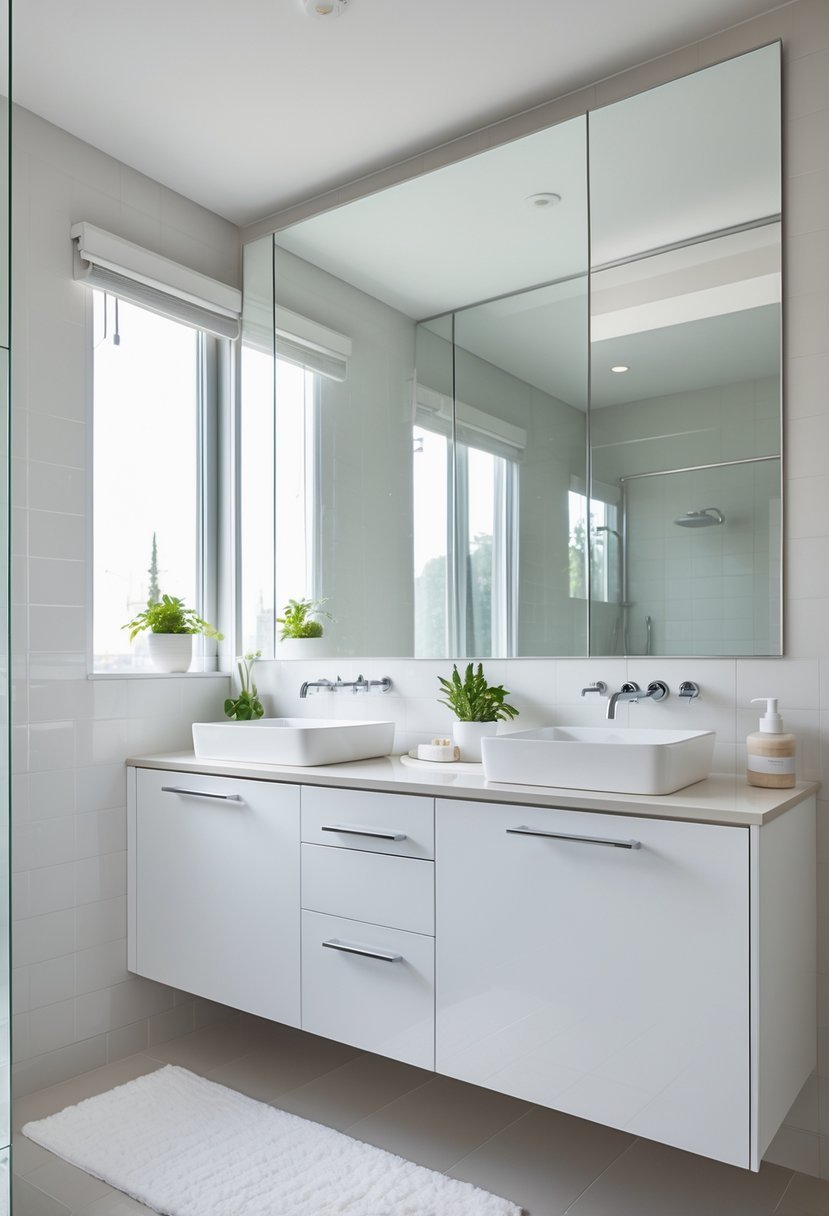 A modern bathroom with a double sink vanity made from white cabinets, two vessel sinks, and chrome faucets under a large mirror.