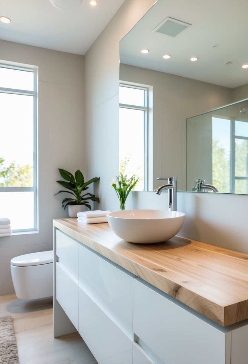 Bathroom vanity with a custom light wood countertop, white vessel sink, and chrome faucet in a bright bathroom.