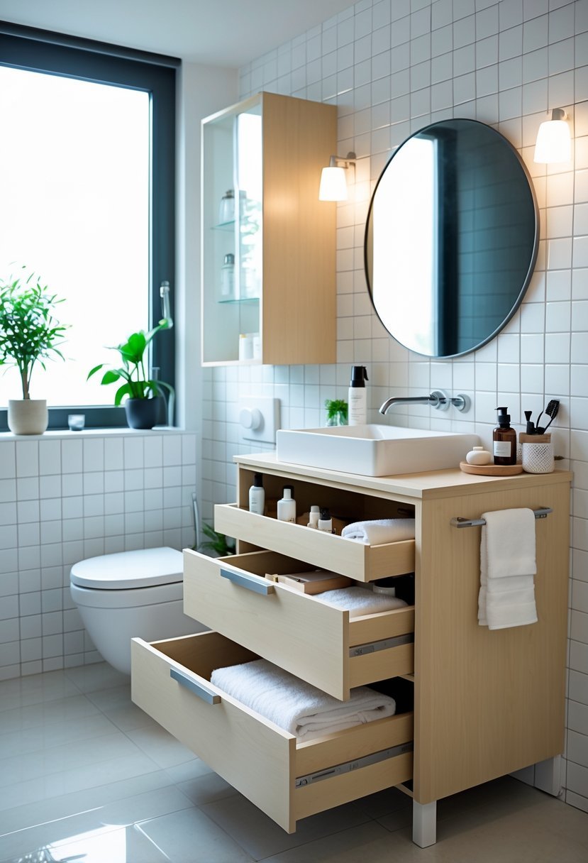 A modern bathroom with a light wood vanity featuring open smart storage drawers filled with organized toiletries and towels.