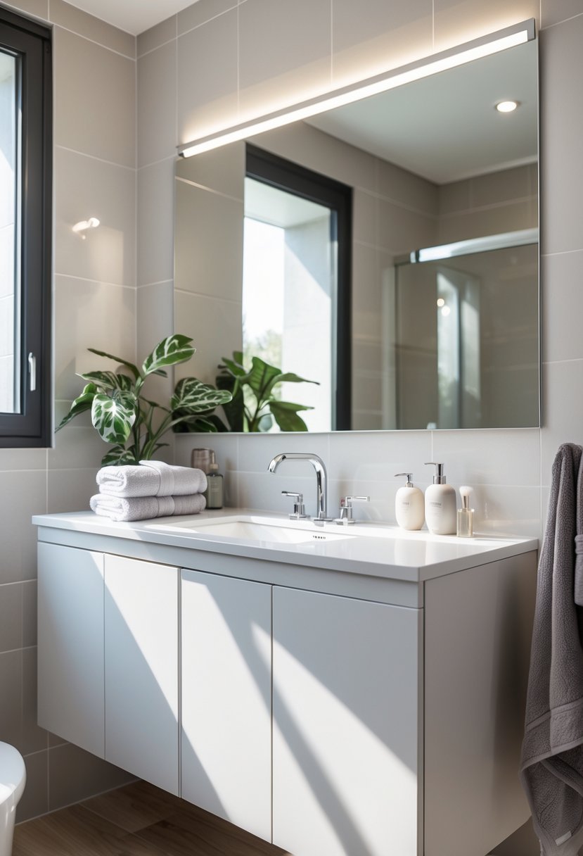 A modern bathroom with a custom vanity made from repurposed cabinets, featuring a white countertop, chrome faucet, mirror, and decorative items.