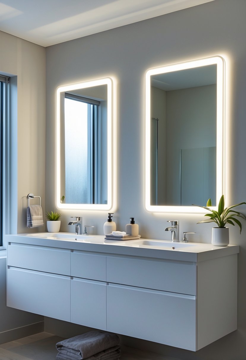 A modern bathroom vanity with two illuminated mirrors above a white double sink and bathroom accessories on the countertop.