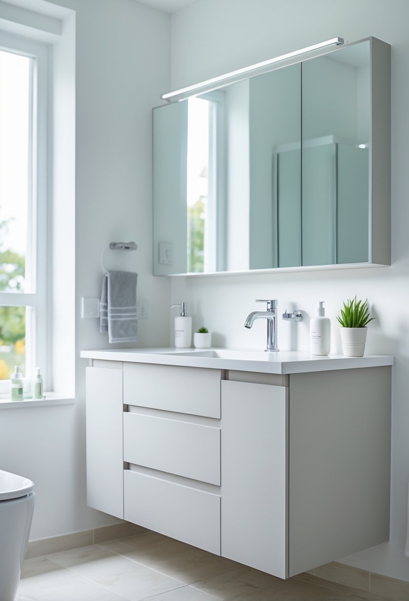 A bathroom vanity made from IKEA Faktum base cabinets with a white countertop and sink, a mirror above, and bathroom accessories on the countertop.
