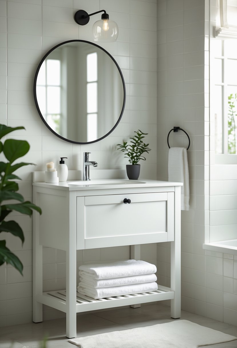 A white bathroom vanity with an open shelf holding folded towels, a round mirror above, and bathroom accessories on the countertop.
