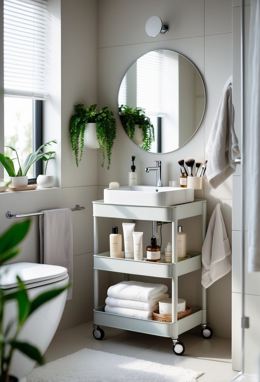 A bathroom with a space-saving IKEA Raskog cart used for storing skincare and makeup items next to a mirror and countertop.