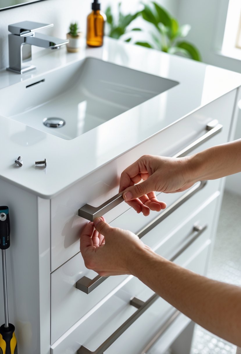 Hands installing custom drawer pulls on an IKEA bathroom vanity in a bright bathroom.