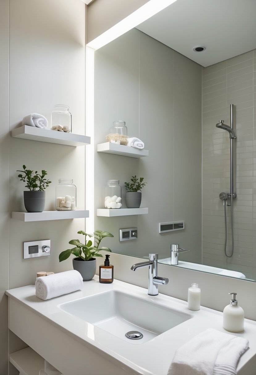 A bathroom vanity with IKEA Kungsfors shelves mounted around it holding bathroom essentials, plants, and towels.