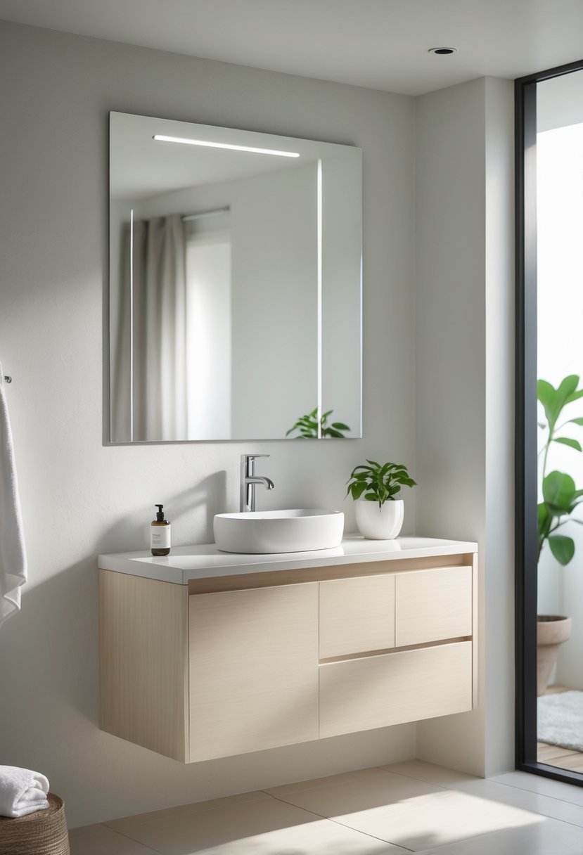 A modern bathroom with a wooden vanity, white sink, mirror, and small plant on the countertop.