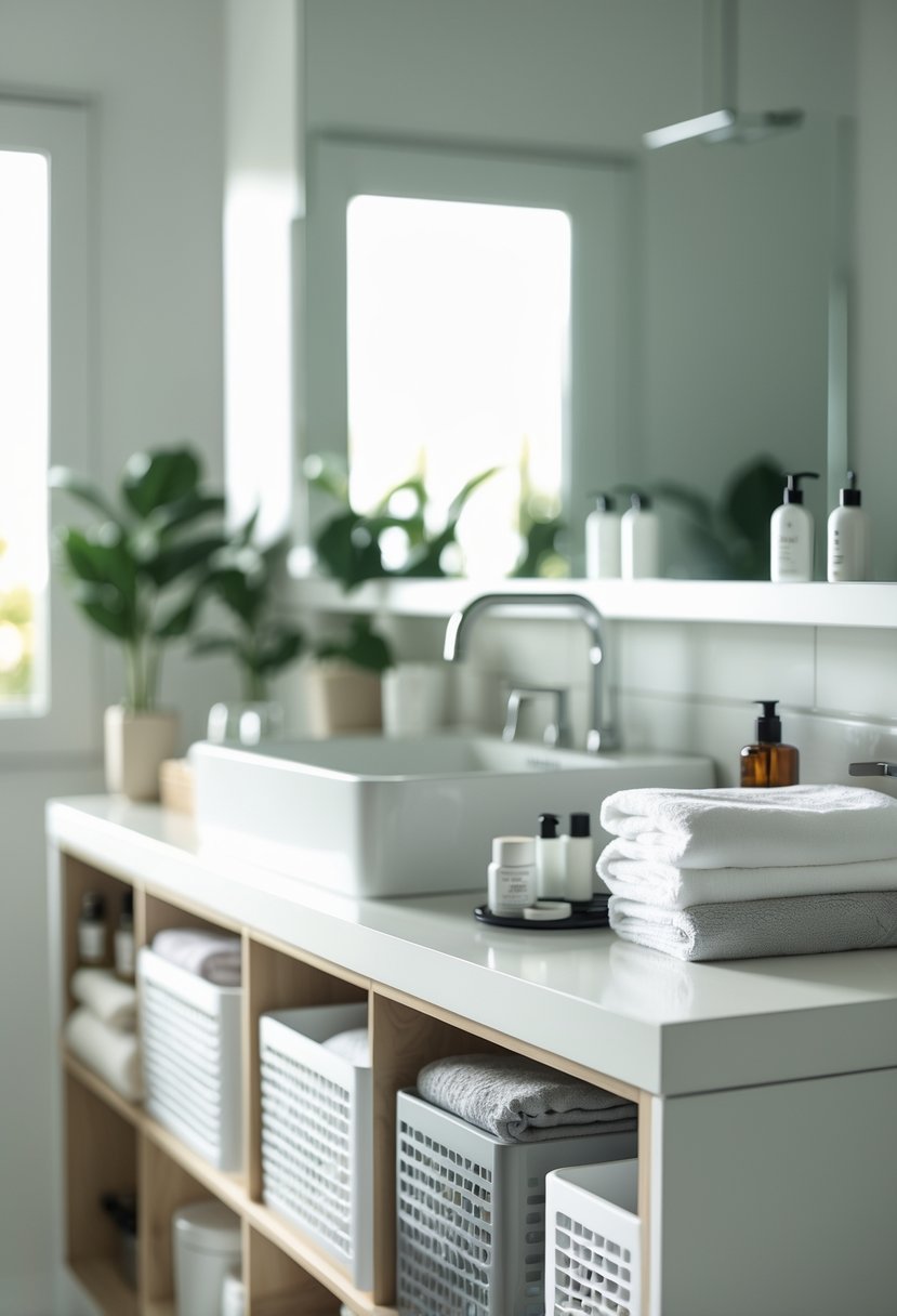 A bathroom vanity with IKEA Variera storage bins holding towels and toiletries, under a large mirror with soft natural lighting.