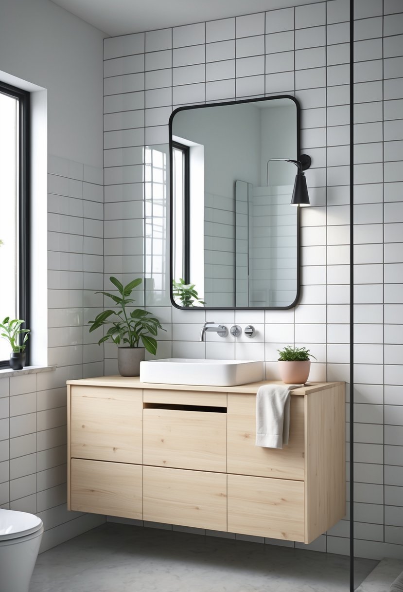 A bathroom with a wooden vanity, white sink, black framed mirror, and light gray floor.