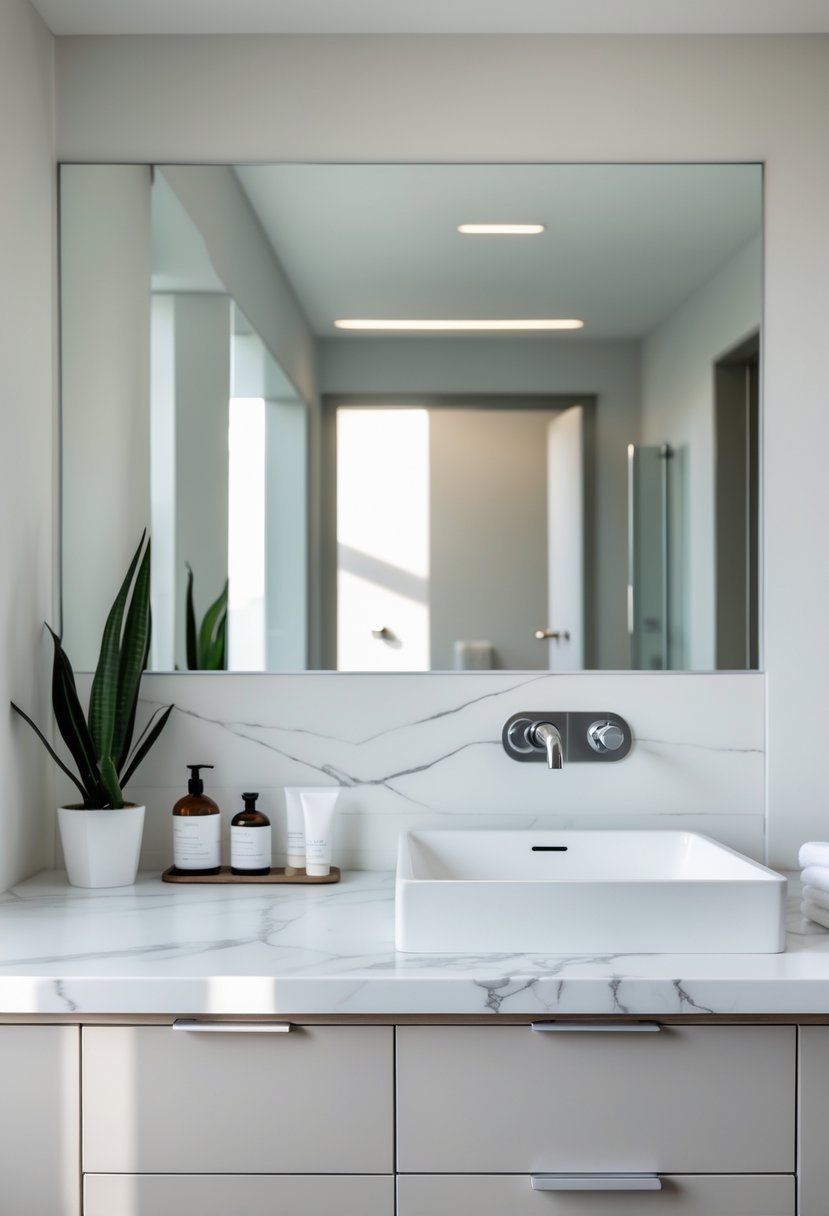 A bathroom with a marble countertop and an IKEA vanity, featuring a sink, mirror, and decorative plants.