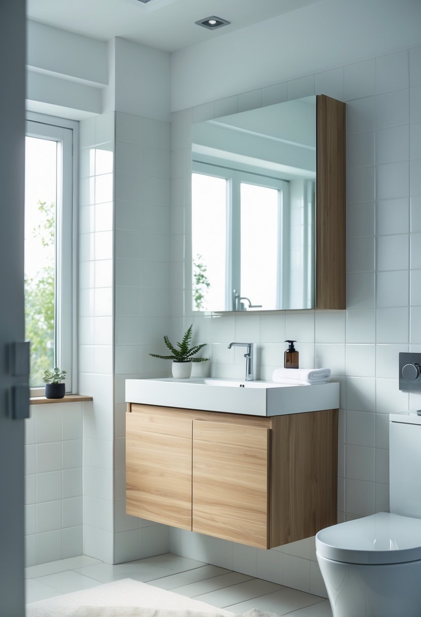 A bright bathroom with a wall-mounted wooden vanity, a sink, a large mirror, and small decorative items on the countertop.