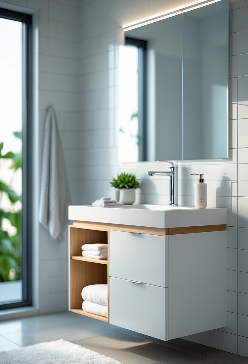 A modern bathroom with a white and wood vanity featuring drawers and shelves, a rectangular sink with a chrome faucet, and neatly arranged bathroom items on the countertop.