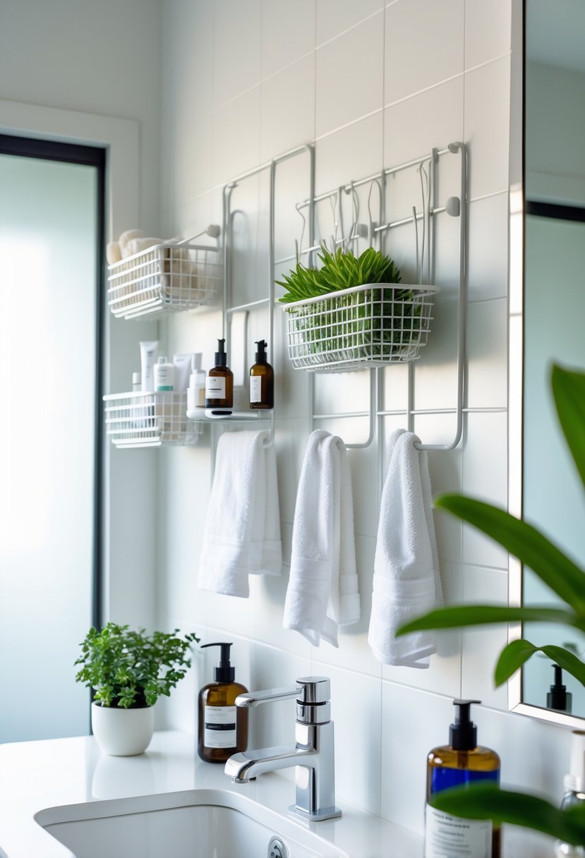 A bathroom vanity with IKEA Stolmen rails holding baskets and hooks for organizing toiletries and towels.