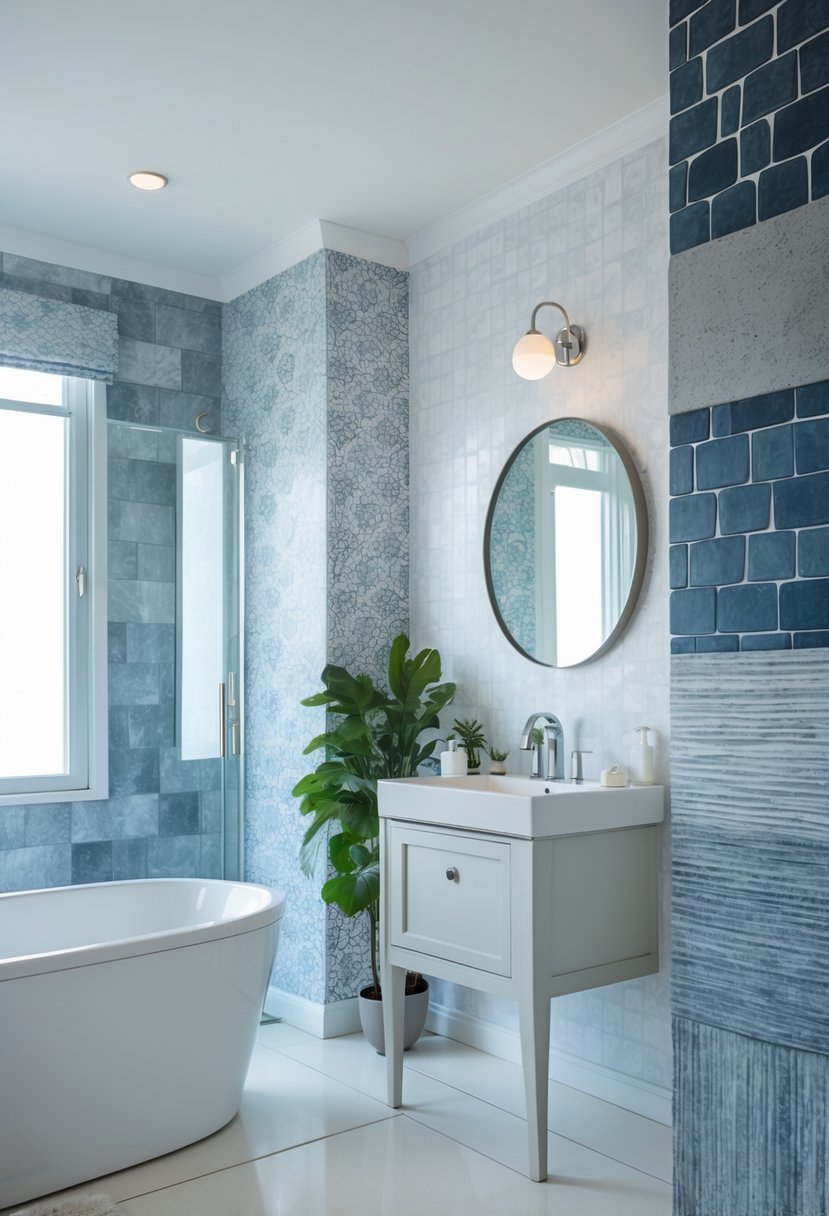 A modern bathroom with a bathtub, glass shower, and walls covered in various vinyl wallpaper patterns.