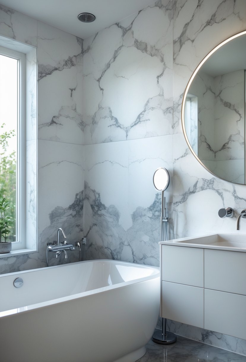 Modern bathroom with white bathtub and marble-patterned vinyl wallpaper on the walls
