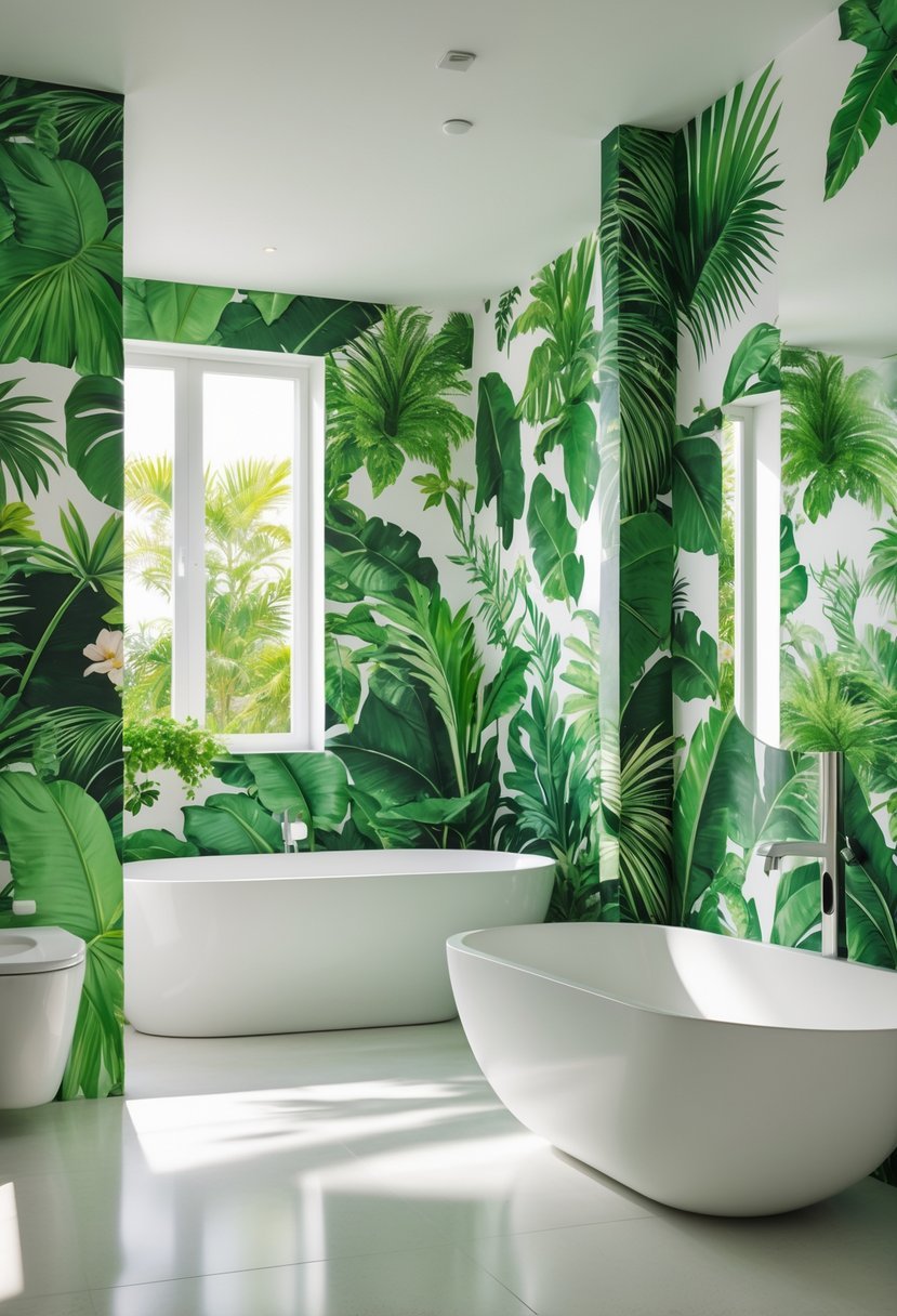 A modern bathroom showing multiple tropical greenery vinyl wallpaper patterns on the walls, with a bathtub, sink, and natural light.