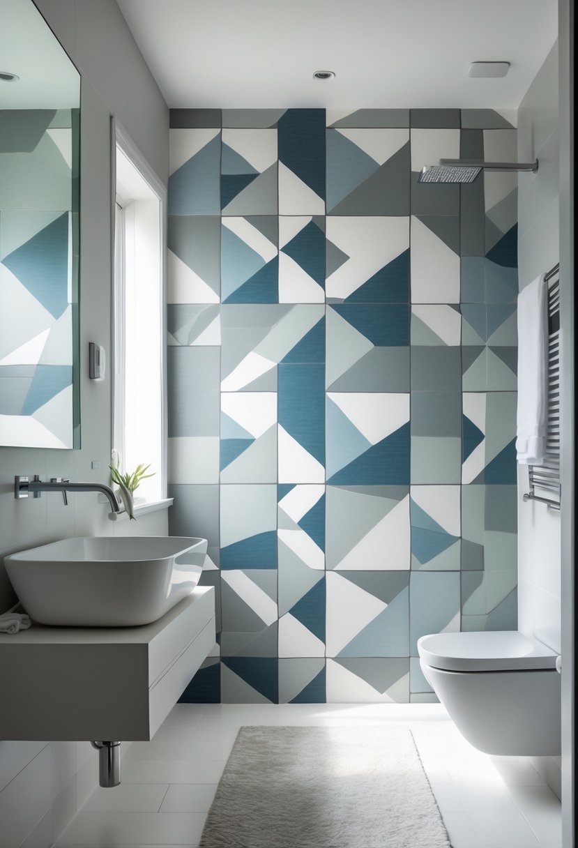 A modern bathroom with geometric patterned vinyl wallpaper, a white sink, chrome faucets, and a frameless mirror illuminated by natural light.