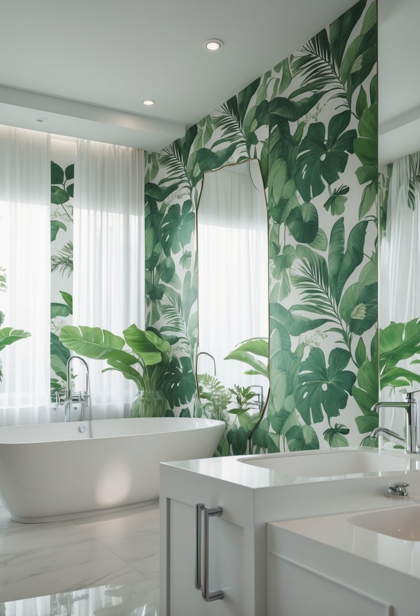A modern bathroom with green leafy patterned wallpaper, a white bathtub, and chrome fixtures illuminated by natural light.