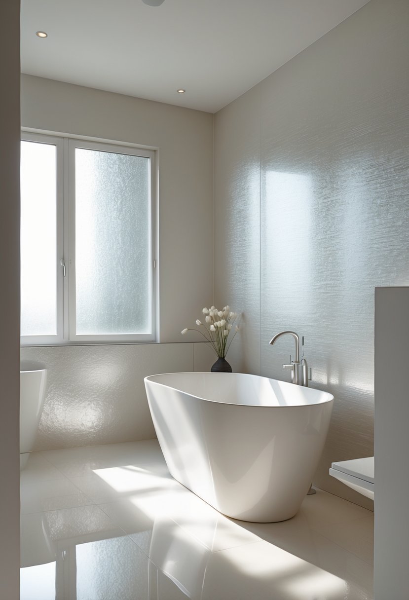 Modern bathroom with glossy textured vinyl wallpaper, a white bathtub, and natural light coming through a window.
