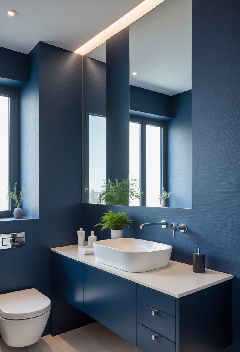 A modern bathroom with navy blue wallpaper on one wall, a white sink with chrome fixtures, a large mirror, and a small green plant on the countertop.