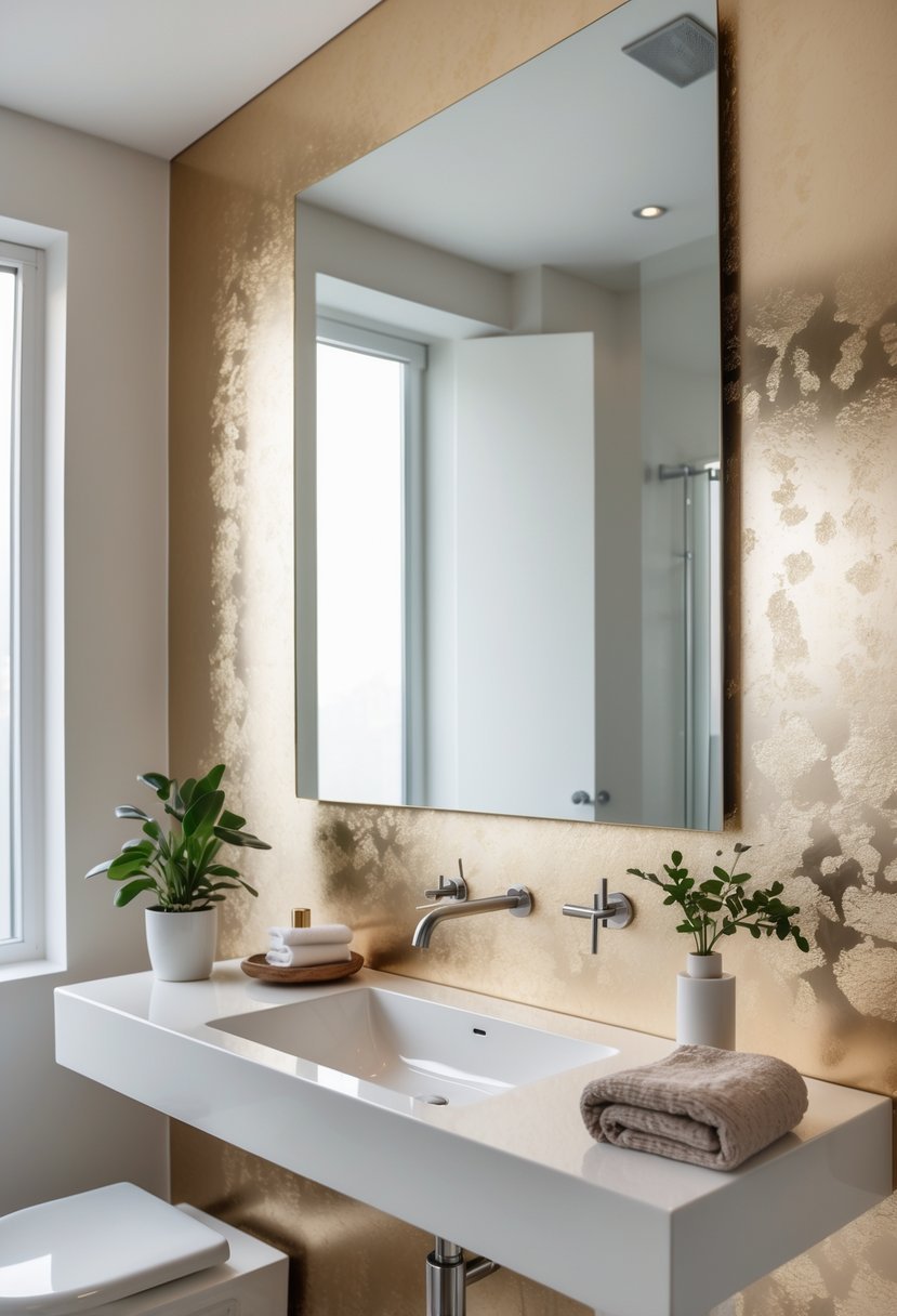 A modern bathroom with metallic gold accented vinyl wallpaper, a white sink with chrome fixtures, a large mirror, and minimal decorative items.