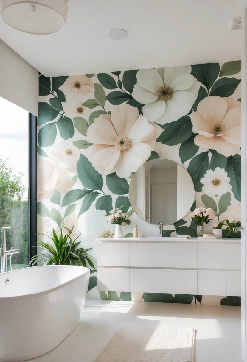 A modern bathroom with a white bathtub and vanity, decorated with large floral wallpaper and natural light coming through a window.