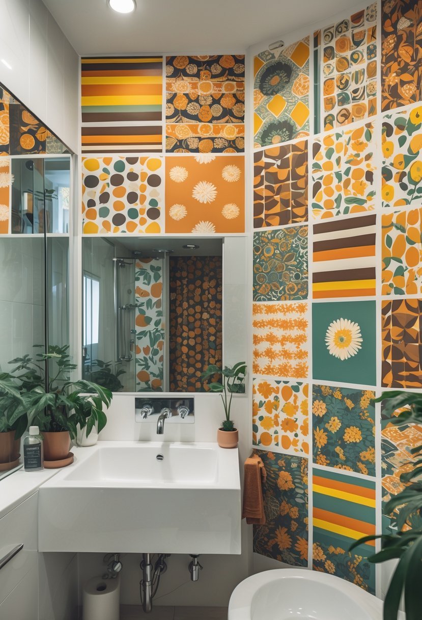 A bright bathroom interior showing various colorful wallpaper patterns displayed on the walls around a sink and mirror.