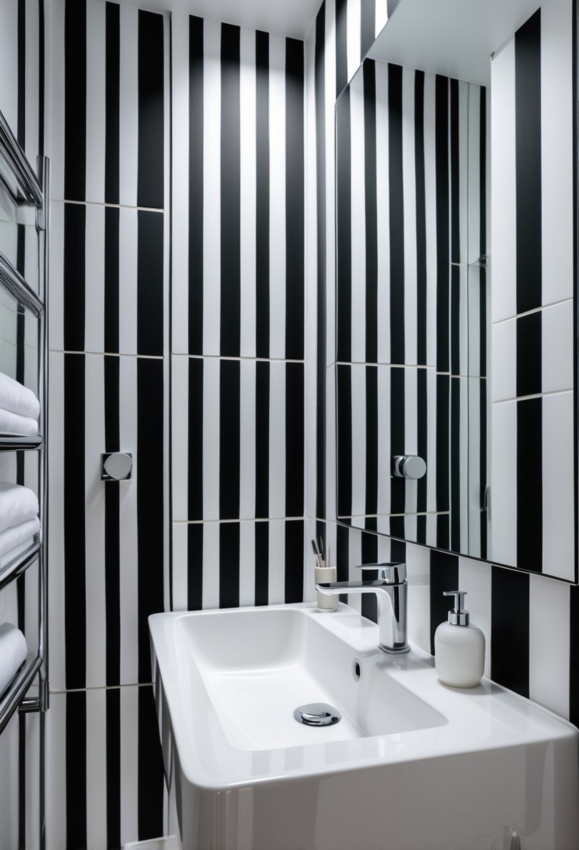 A modern bathroom with a white sink and mirror, featuring black and white striped wallpaper on the walls.