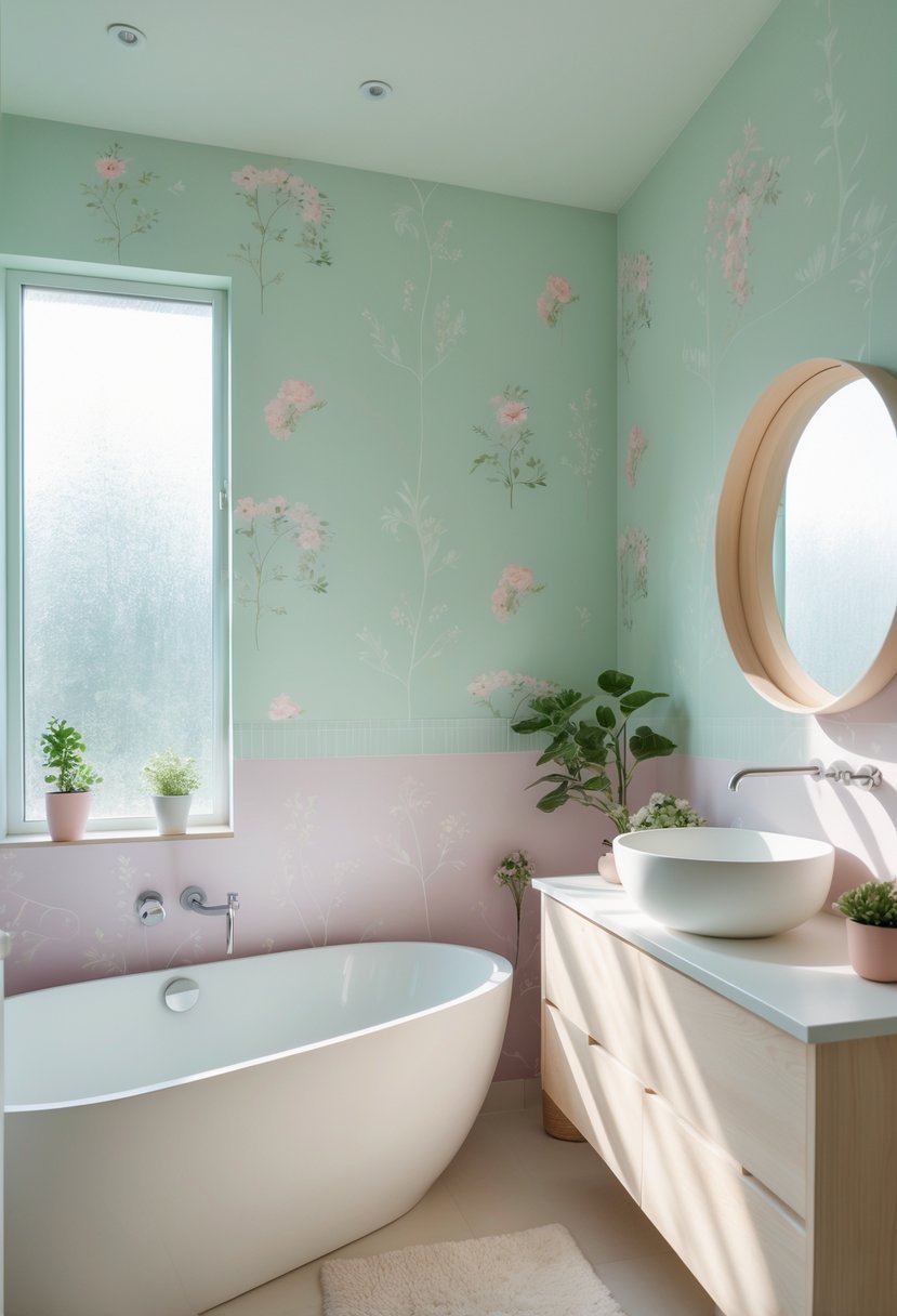 A modern bathroom with pastel-colored vinyl wallpaper, a white bathtub, wooden vanity, round mirror, and potted plants by a frosted window.