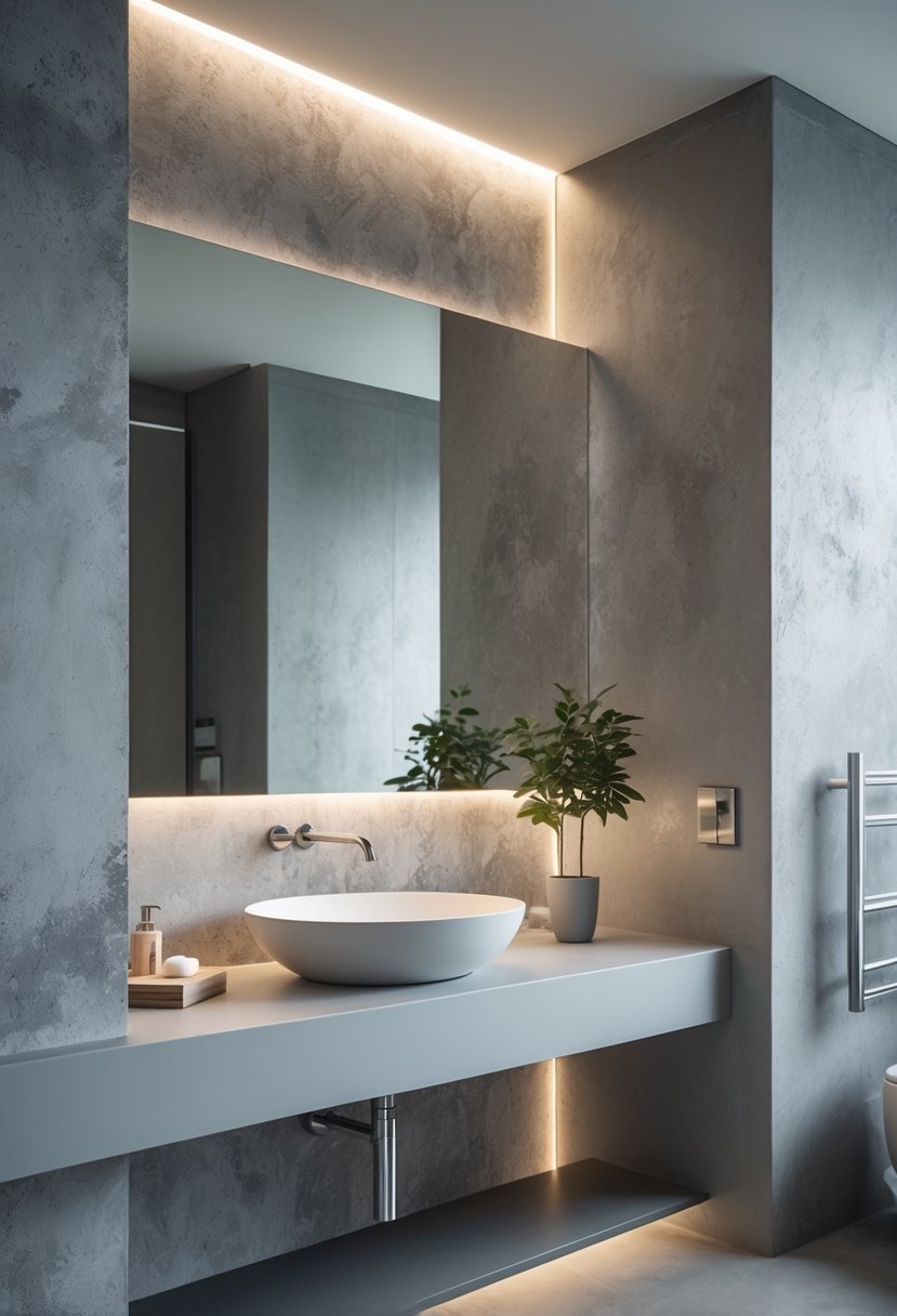 A modern bathroom with textured concrete effect wallpaper on the walls, featuring a white sink, mirror, and subtle decorative accents.