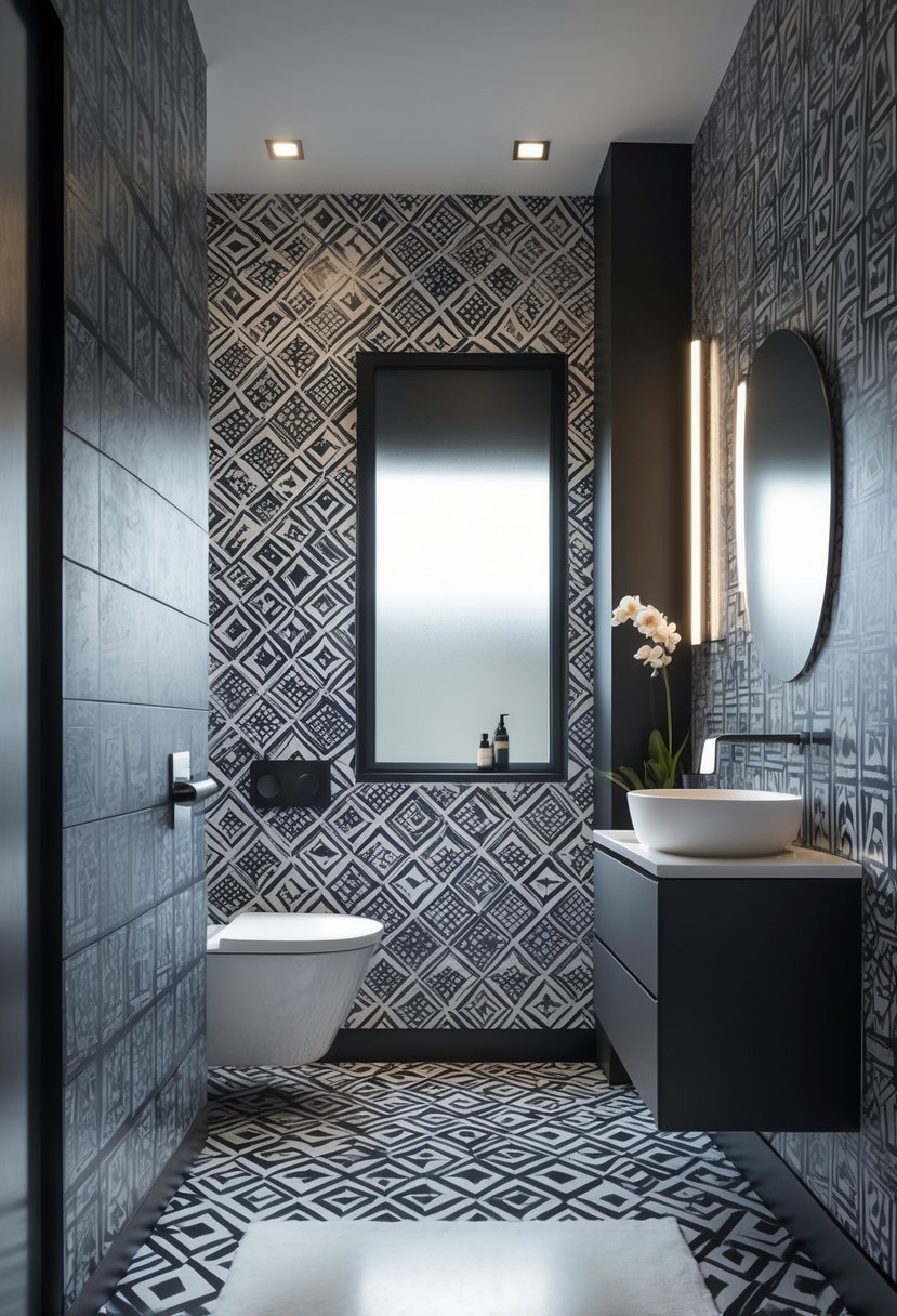 A modern bathroom with black and white patterned wallpaper, a white sink, and a frameless mirror.