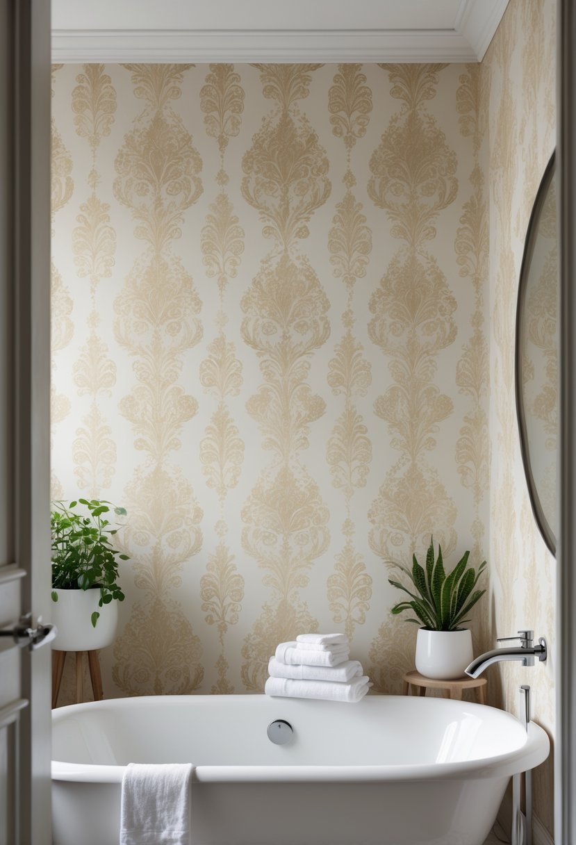 A bathroom with a white bathtub against a wall covered in vintage damask patterned wallpaper, with natural light and minimal bathroom accessories.