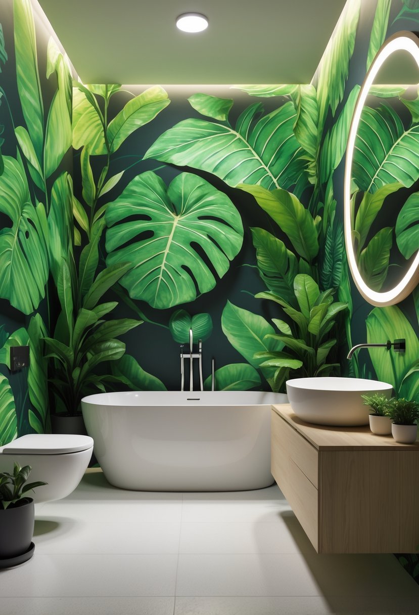 A modern bathroom with bold green tropical leaf wallpaper, a white bathtub, wooden vanity, and potted plants.