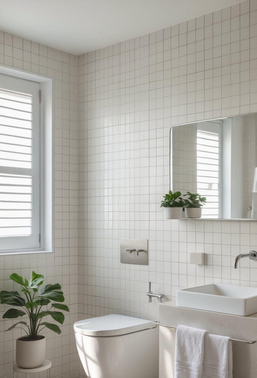 A modern bathroom with grid patterned wallpaper, a white sink, mirror, and minimal decor.