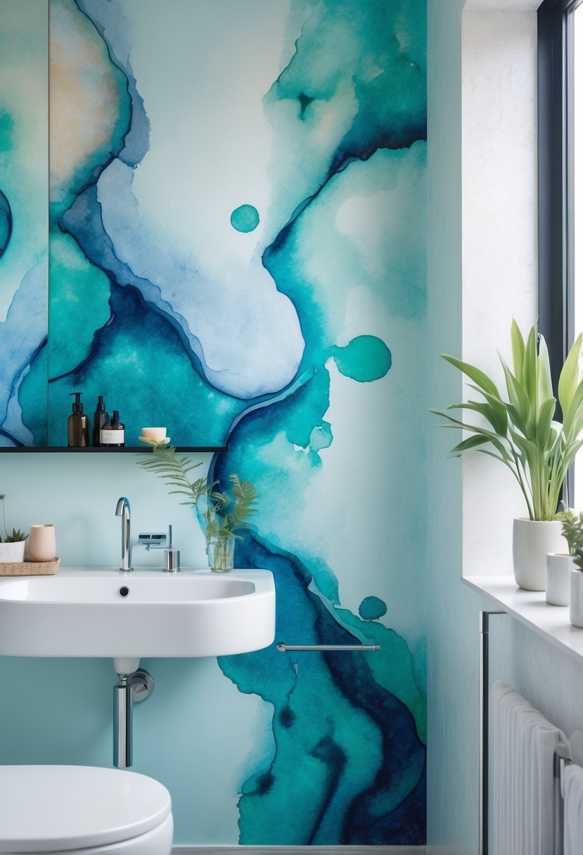 A modern bathroom with a wall covered in colorful watercolor splash vinyl wallpaper, featuring a sink, mirror, and plants.