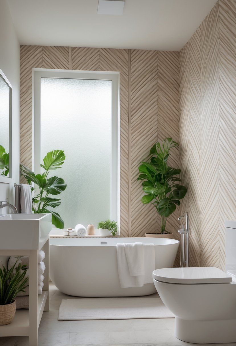 A modern bathroom with a freestanding bathtub and walls covered in herringbone patterned vinyl wallpaper.