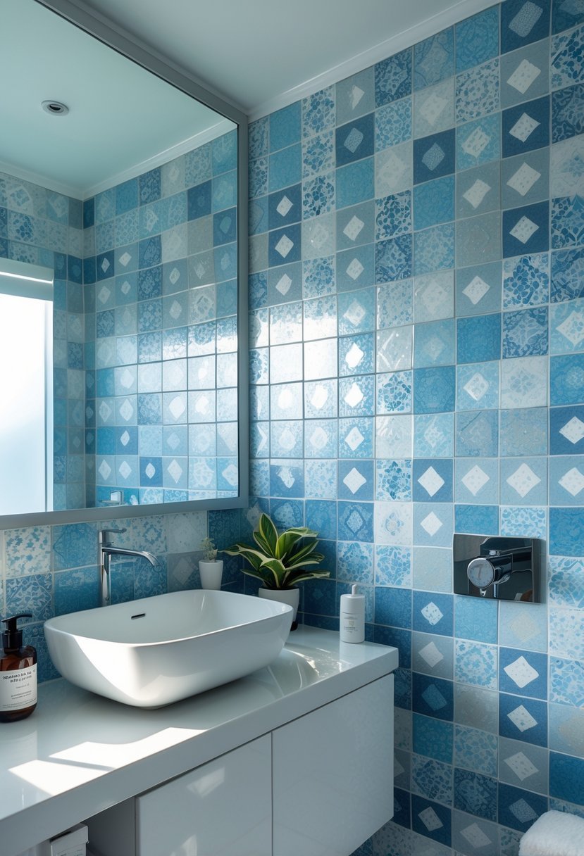 A modern bathroom with blue and white mosaic patterned vinyl wallpaper, a white sink with chrome fixtures, a mirror, and natural light.