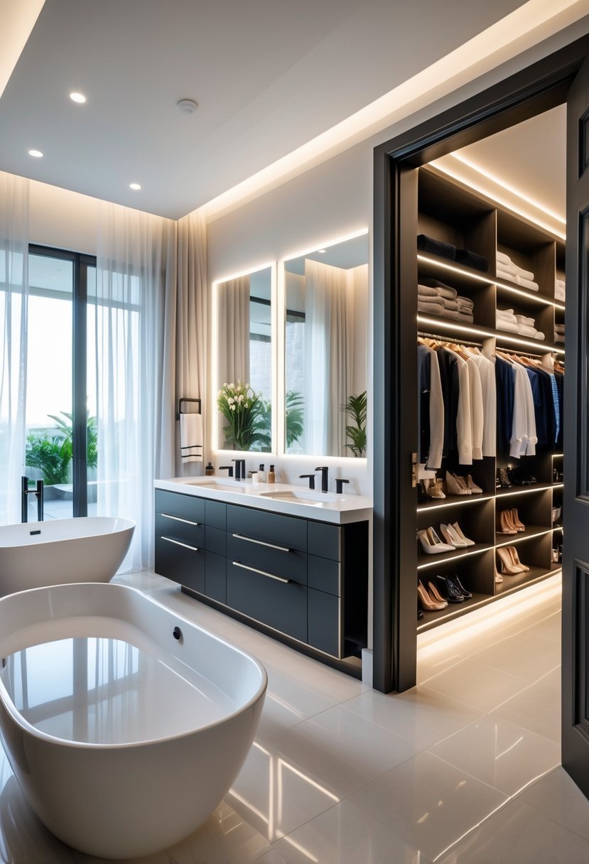 A modern bathroom with a freestanding bathtub connected to a walk-in closet filled with shelves of clothes and shoes.