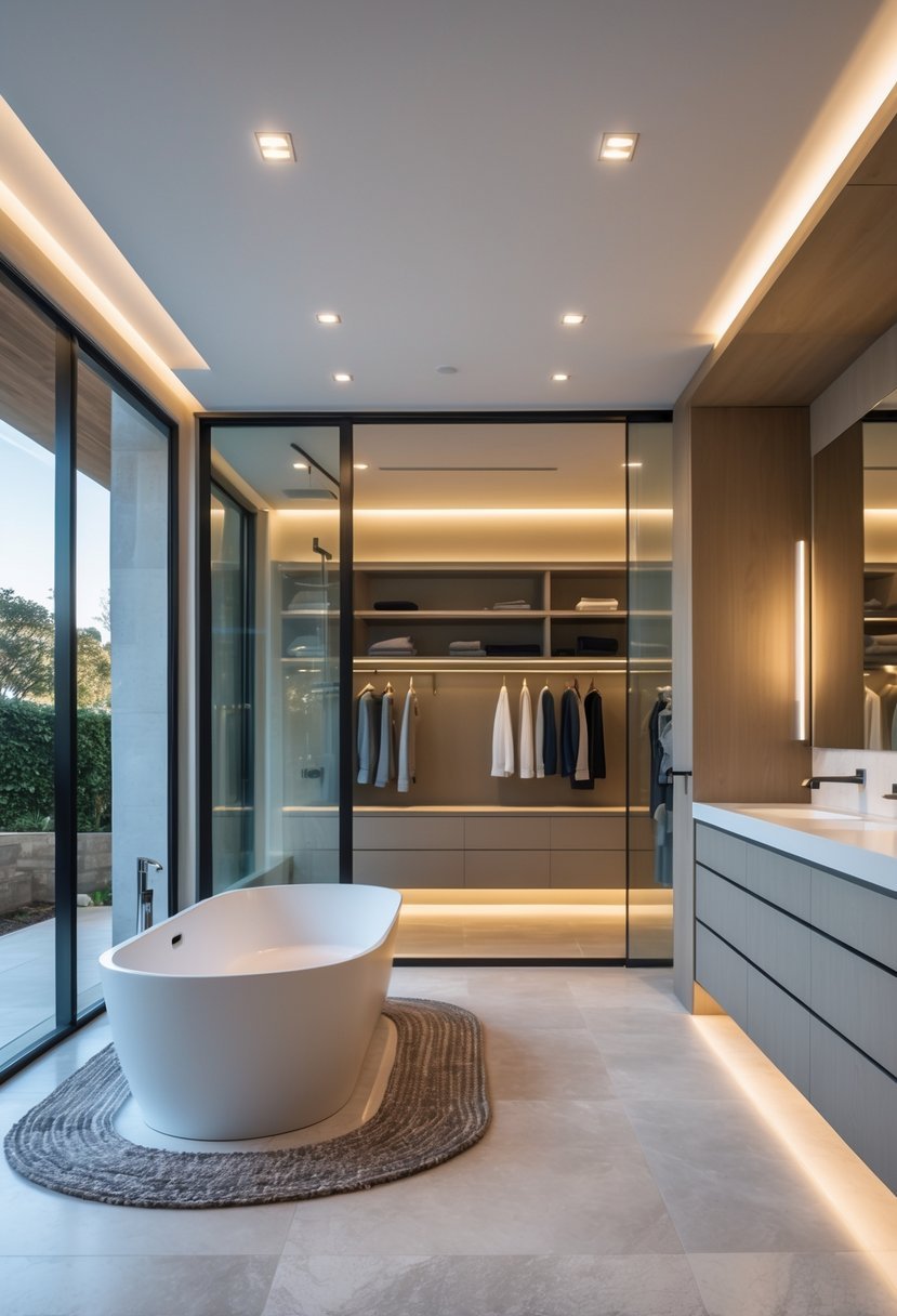 A spacious open-concept room combining a bathroom with a bathtub and shower alongside a walk-in closet with shelves and hanging clothes.