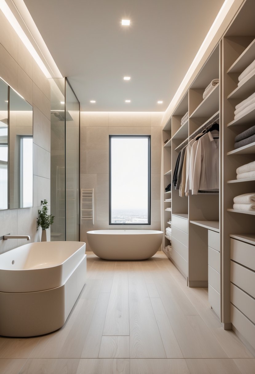 A bathroom connected to a walk-in closet with neutral colors and matching flooring, featuring a bathtub, vanity, and organized closet space.