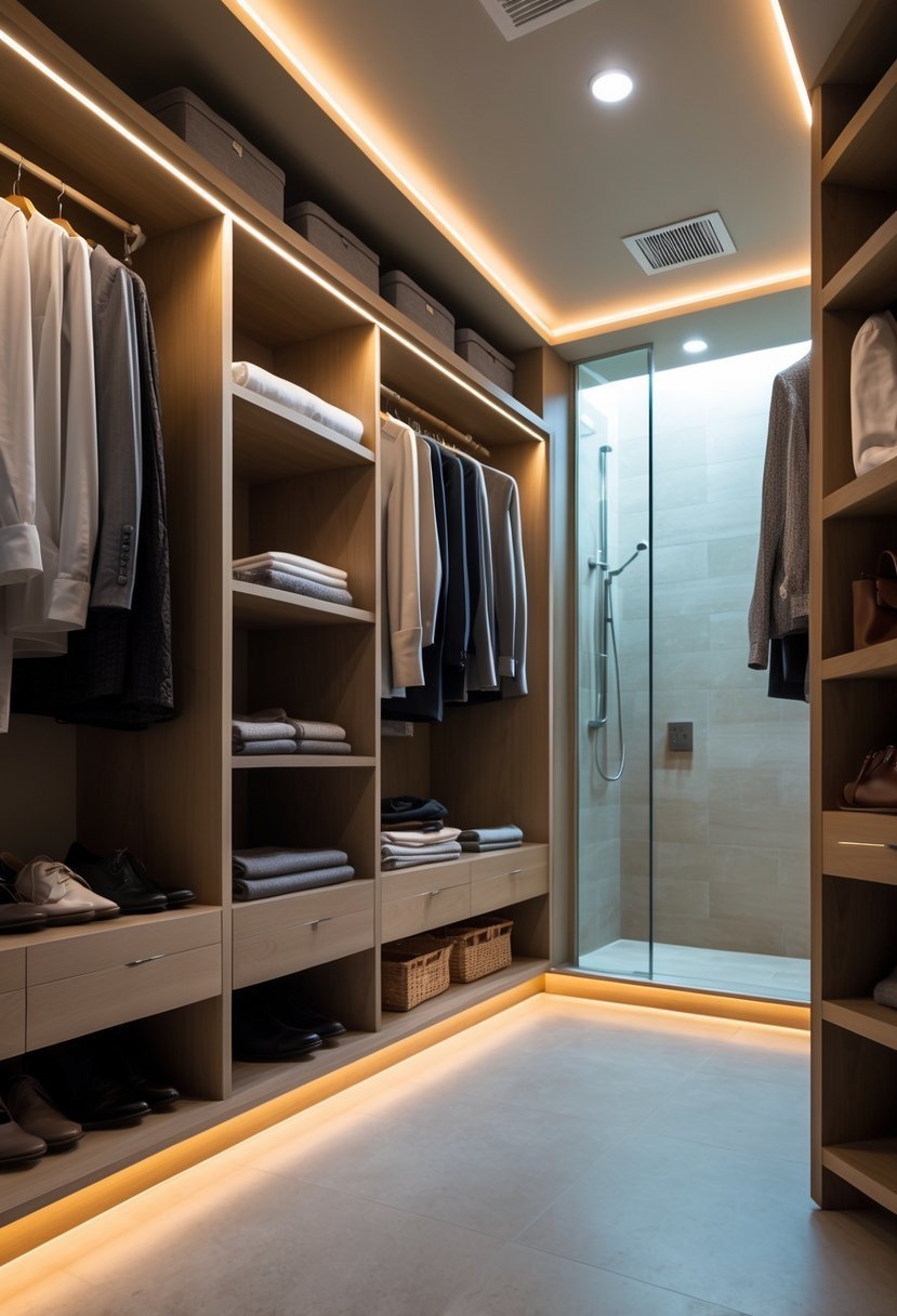 A spacious walk-in closet with built-in ambient lighting illuminating neatly arranged clothes and shelves, adjacent to a modern bathroom.