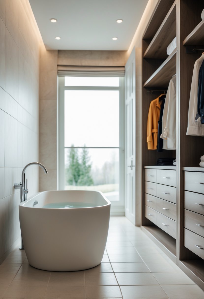A bathroom with a freestanding soaking tub next to an open walk-in closet with organized shelves and hanging clothes.