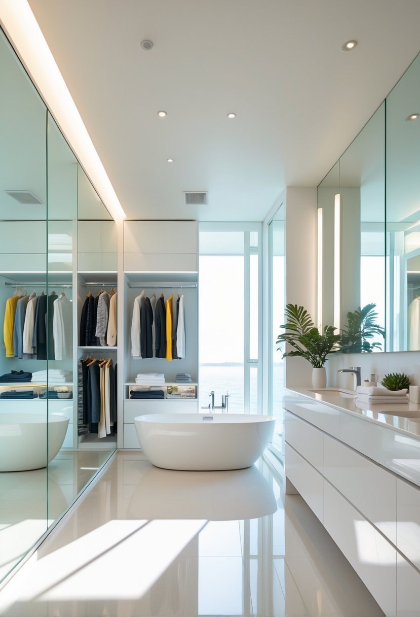 Bathroom with a walk-in closet featuring mirrored walls that make the closet appear larger, showing organized clothing and modern bathroom fixtures.